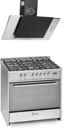 GURARI Gas Elektro Standherd GCH E 911 X+GCH S 482 90 IS 90 cm/Range Coocker / 121L / 8 Funktionen/Erd-/Propangas + Dunstabzugshaube 90 cm 1000m³/h Wandhaube in Edelstahl Glas