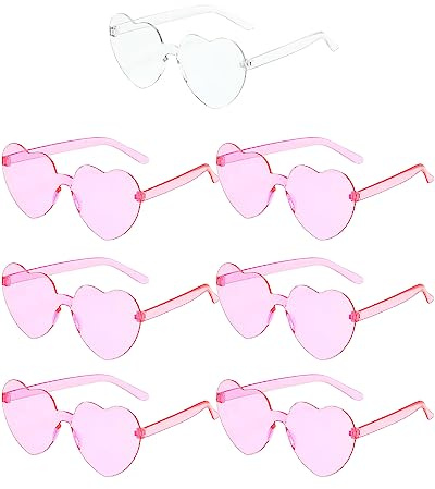 7 Pairs Hen Heart Shaped Glasses Rimless Frameless Sunglasses Transparent Tinted Eyewear, 1 Bride + 6 Team Bride Glasses Bachelorette/Wedding Party Bridal Shower Party Favours Photo Booth Props