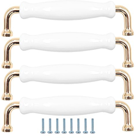 ZONADAH Set mit 4 Schrankgriffen, Lochabstand 128 mm, insgesamt 140 mm, weiße Keramik und vergoldete Schrankgriffe, Möbel, Schublade, Schrank, Kupferbechergriffe für Schrank, Kleiderschrank, Kommode
