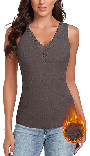 WOWENY Damen Oberteil Thermo Langarm Winter Langarmshirts Thermohemd mit Spitze V-Ausschnitt Warme Unterhemd Elegant Shirt Tshirts, Gris Oscuro, XXL