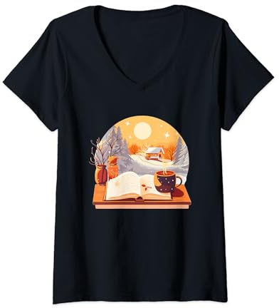 Maison en bois fraîche avec livres et boissons chaudes pour l'hiver T-Shirt avec Col en V