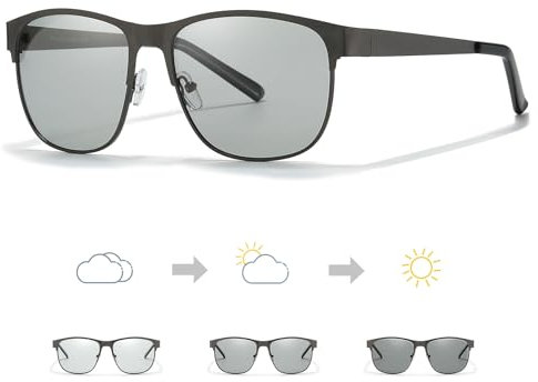 TJUTR Occhiali da sole fotocromatici da uomo, polarizzati, montatura in metallo, lenti quadrate con protezione UV400, ideali per attività all'aperto e tempo libero, A01 Pistola/Fotocromatica