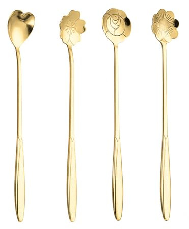 SHLWYG Edelstahl-Löffel-Set - 4 Kreative Lange Löffel Mit Kirschblüten- und Blumenmuster, Goldene Kaffeelöffel
