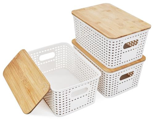 LYLIDIA 3 Stücke Aufbewahrungsbox mit Bambus Deckel Bad 5L Korb Plastikbox Weiß 25x18x10cm Lidded Stapelboxen Badezimmer Küche Aufbewahrungsboxen Rattan Organizer Box for Regal Schränke Kabinett