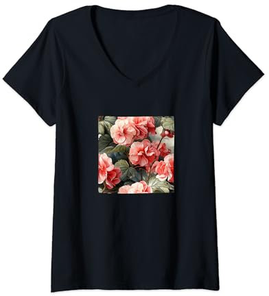 Damen Begonie Aquarell Floral Wildflower Grafik T-Shirt mit V-Ausschnitt