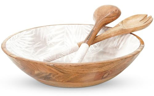 Coastal Oak Großes Salatschüssel-Set aus Holz – Premium 33 cm Salatschüssel aus Akazienholz mit Servierbesteck – dekorative Holzschale mit Gabel und Löffel – Obstschale – Servierschalen für
