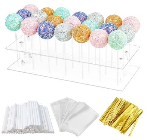EACHPT Cake Pop Ständer,21 Löcher Lollipop Holder mit 100 Sticks Cake pop Stiele,100 Durchsichtige Leckerli-Beutel und goldene metallische Drehbänder für Hochzeit Geburtstag Dessert Party Deko