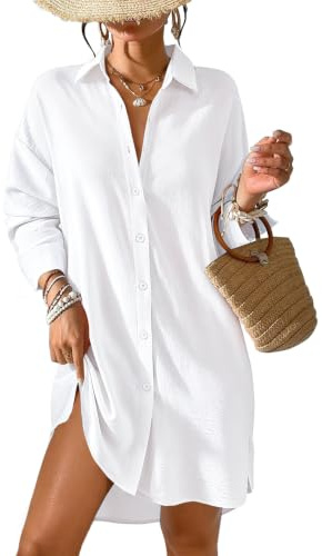 Tanmolo Damen Strandkleid Bikini Cover Up Sommer Strandbluse Strandhemd V-Ausschnitt Strandponcho Bademode Strand Vertuschen Shirt (Weiß,L)