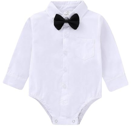 OPAWO White Baby Shirt Soft 100% Organic Cotton Long Sleeve Baby Vests Tie and Shirt Unisex Baby Bodysuit for Wedding Suit Christening Outfit Birthday Party Photo Shoot (White L,18-24 Months)