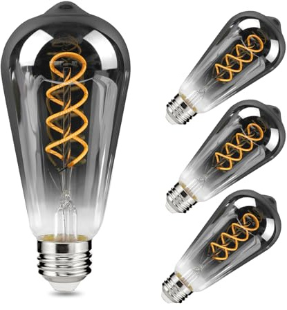 Decoaui E26 ST64 Vintage Edison Light Bulbs, Smoky Grey Coated Glass, Dimmable, 4W(20W Equivalent) 150 Lumens, 2700K Soft White, Spiral Filaments Design, Antique Style, 25000 Hrs, 4-Pack