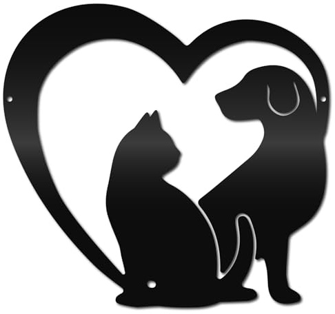 CREATCABIN Arte de Pared de Metal con Forma de Perro Y Gato, Letrero de Hierro Negro para cotas, Escultura de Pared, Figuras de Granja, Obras de Arte Colgantes, Decoración para Amantes de las cotas, R