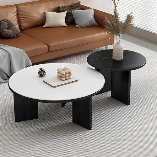 JFUNANQH Runder Couchtisch zum Ineinanderstapeln, 2er-Set, stapelbarer Beistelltisch mit Schieferplatte, Sofa-Teetisch für Wohnzimmer, Schlafzimmer, Büro (weiß, 70 + 50 cm)