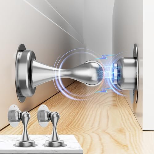 Magnetischer Türstopper 2 Stück, Türstopper aus Edelstahl für die Unterseite der Tür, Wand und Bodenmontage, Ohne Bohren Türschnäpper Türhalter mit 3M-Klebebändern | Bohren Sie mit Schrauben, Silber