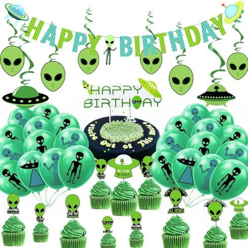 Alien Geburtstag Deko aufblasbares Alien Komische Party HAPPY BIRTHDAY Girlande Cake Toppers Sci-Fi Geburtstagsdeko (Banner+Kuchendeko+Spiralen)