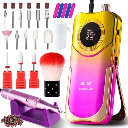 Moskany Professional Electric Nail Drill Kit 35000RPM with 14PCS Bits Purple Gold Portable Rechargeable Cordless File Machine for Acrylic Gel Powder Nails and Manicure Pedicure Toenail Tool Salon Set