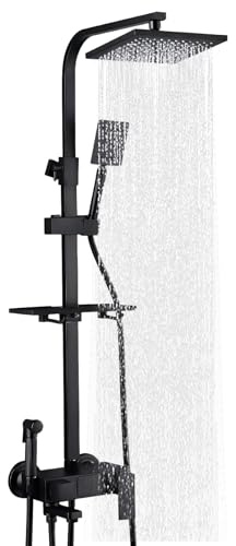 Sistema de ducha con termostato, juego de ducha de acero inoxidable, juego completo con cabezal de ducha de lluvia de 34 cm, cabezal de ducha de 4 tipos de chorro, altura regulable de 85 a 125 cm,