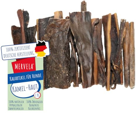 MERVELA® Bacchette per pelle di cammello, 1 kg [qualità dalla Germania] per cani sensibili alle allergie, ricompensa, snack da allenamento, senza cereali, spuntino per cani, ipoallergenico, ricco di