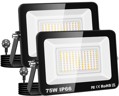 AUXTINGS Faretto LED da Esterno 75W con Spina, 7500LM Faro Led Esterno 4000K Bianco Caldo, IP66 Impermeabile Faretti LED Proiettore Esterni per Giardino Garage Cortile Piazza Terrazza Patio