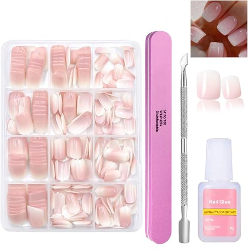 Press on Nails Kit, 240Pcs Natural Gradient Pink Fake Nails, Acrylic Coffin False Nails with Glue, 12 Sizes Glossy Full Cover Stick on Nail for Women Girls Nails Art Decorations