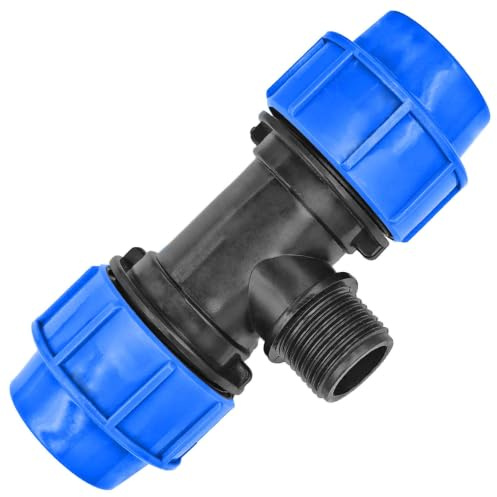 MegaHaustechnik T-Stück, 25mm x 1“ AG x 25mm, PP-Fitting Klemmverbinder | Trinkwasser geeignet, Druck 16 Bar, für PE-Rohr-Außendurchmesser 25mm, 1 Zoll Außengewinde, Adapter, blau