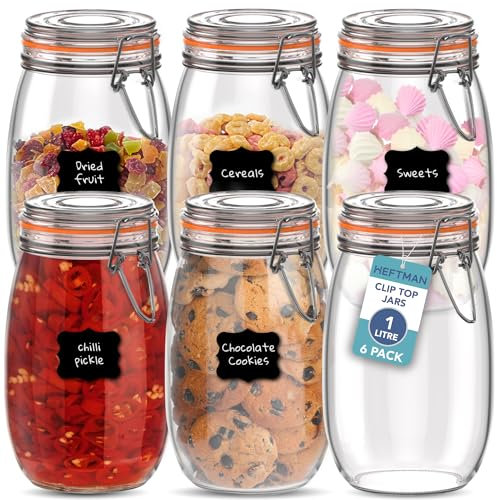 HEFTMAN Set di 6 barattoli ermetici in vetro con coperchio e guarnizione in silicone per pasta, pasta naturale, chutney, decapaggio, organizzazione della cucina, set di 6 barattoli vuoti per alimenti