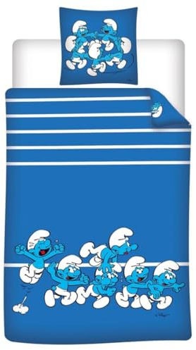 Aymax Smurfs sängkläder set för barn, 1 person, påslakan 140 x 200 cm + örngott 65 x 65 cm, 100 % bomull