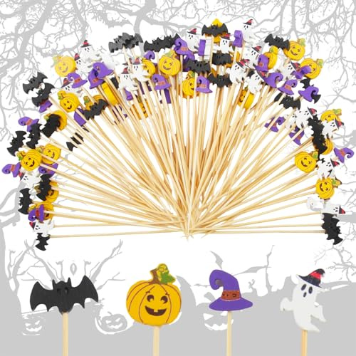 RobLuX 200PCS Halloween Palillos de Cóctel 12CM Decoración de Dientes de Halloween Cabeza de Calabaza, Sombrero de Mago, Fantasma, Murciélago Negro Palillos de Cocktail para Fiestas de Halloween
