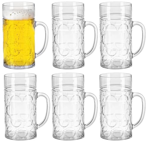 yeeplant Paquete de 6 tazas de cerveza de plástico reutilizables con asas, vasos de 1000 ml con hoyuelos para cerveza, whisky, té y más