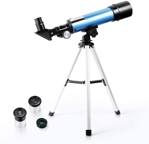 Teleskop für Anfänger Teleskop für Kinder, tragbares Astronomie Teleskop 90X mit Stativ, 2-Okulare, 1.5X Barlow Len