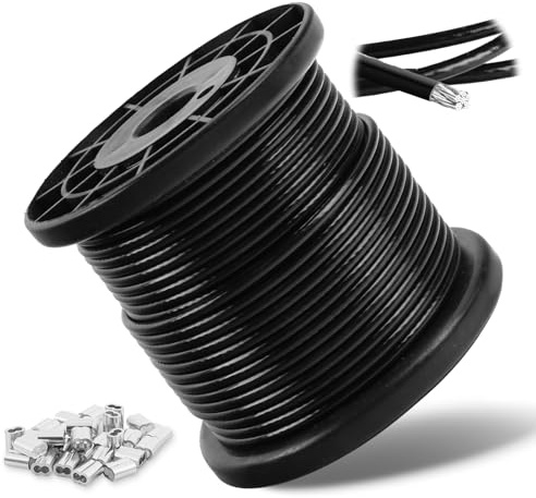 30M Cuerda de alambre, 3mm cable de acero inoxidable 304 con Revestimiento PVC Negro, núcleo 7x7 hilos, resistencia 517 kg, incluye 30 abrazaderas de aluminio, ideal para plantas trepadoras
