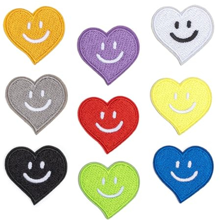 LARENNT 9 Stück Smiley-Herz Patches zum Aufbügeln (Mehrfarbig) | 4,1x3,8 cm Flicken zum Aufbügeln - Herz Bügelflicken Kinder Für Jeans, Kleidung, Jacken, T-Shirts, Rucksäcke, DIY Dekoration