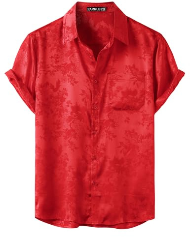PARKLEES Camicia da uomo in raso di seta jacquard lucido estate manica corta camicia di lusso per il tempo libero floreale button down camicia