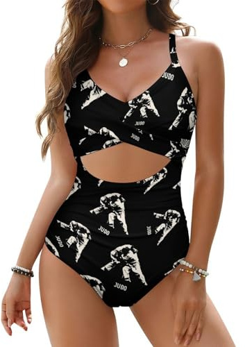 Judo Design Women's Cutout One Piece Swimsuit Tummy Control Slimming Bathing Suit Tie Knot Swimwear XL