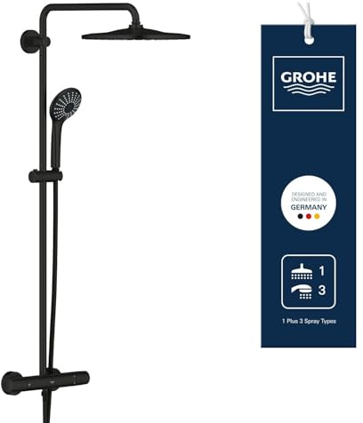 GROHE Vitalio Joy 310, Duschsystem wassersparend (31cm Regendusche, Thermostat mit Verbrühschutz, Sicherheitssperre bei 38°C, Duscharmatur mit 3 Strahlarten), mattschwarz, 264002431