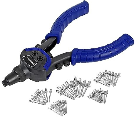 WORKPRO Rivet Gun Set 5-in-1, 10-Inch Pop Riveter with 5 Sizes Interchangeable Nozzle 2.4mm 3.2mm 4mm 4.8mm 6.4mm, Heavy Duty Hand Riveter with 100-Piece Rivets