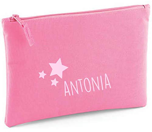 minimutz personalisierte Kosmetiktasche für Mädchen | Motiv Sterne & Namensdruck | Schminktasche für Kinder inkl. Name | Kulturtasche Make-up Täschchen mit Reißverschluss | Abmessungen 28cm x 19cm