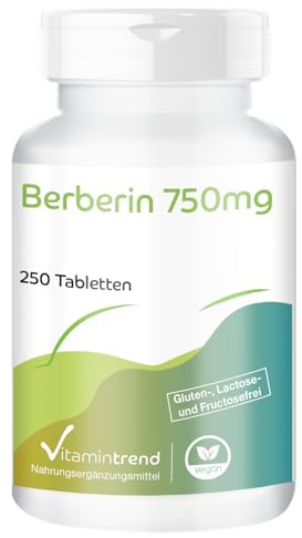 Vitamintrend Berberina 750 mg, 250 compresse, con zinco, ad alto dosaggio 97% berberina HCl, integratore alimentare vegano senza magnesio stearato, prodotto in Germania