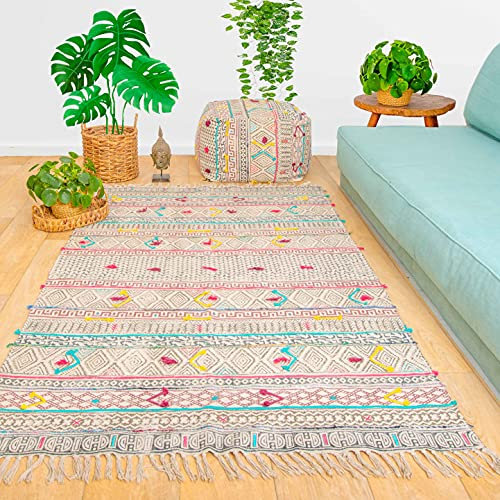Mandala Life ART 120 x 180 cm Bohemian Décor Baumwoll-Teppich mit Handstickerei und Fransen – Boho-Chic-Teppich – dekoratives Tribal-Stück für Ihr Wohnzimmer, Schlafzimmer, Terrasse