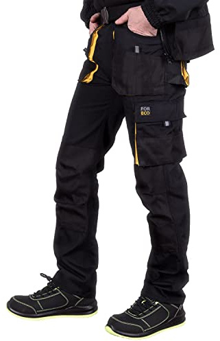 REIS FORECO-T BY46 Pantalón de Trabajo para Hombre, Protector, Anticorte, Cargo, 80% Poliéster 20% Algodón, Negro-Amarillo, Talla 46