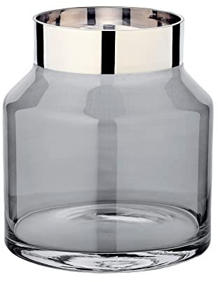 EDZARD Vase Gabi Dark, rund, Höhe 19 cm, Durchmesser 17 cm mundgeblasenes getöntes Kristallglas mit Platinrand - Glasvase für Blumen, Moderne Blumenvase aus Glas