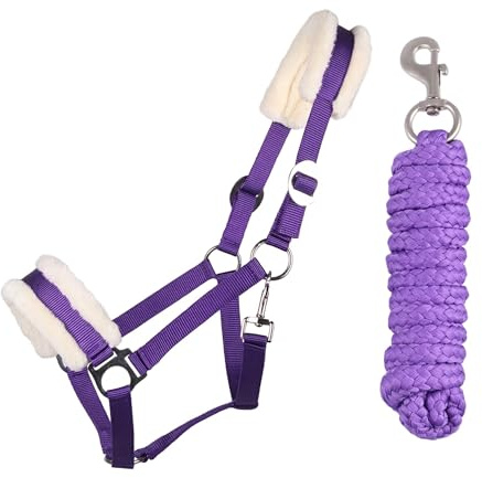 ARBO-INOX Halfter-Set mit Führstrick – Verstellbares Stall- und Weidehalfter – Nylon mit weicher Kunstfell-Polsterung, Farbe Lila, ca. 2 m Führstrick