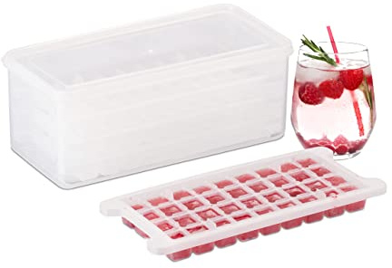 Relaxdays Eiswürfelform Set, 4 Eiswürfelschalen, BPA-frei, Behälter und Deckel, 144 Eiswürfel, Kunststoff, transparent