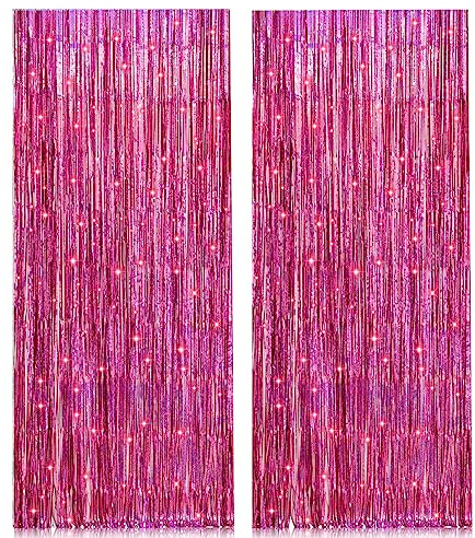 PIGETALE Lametta Vorhang Rosa Glitzer, 2 Stück 1x2.5m Metallische Glitzervorhang Geburtstag, Folien Fransen Partydeko Hintergrund für Einhorn Prinzessin Geburtstag Einschulung Schulkind Fee Party Deko | Dickeres 23 Mikrometer PET mit lebendigem Laserglanz für Geburtstage, Duschen, Hochzeiten und Fotoautomaten
