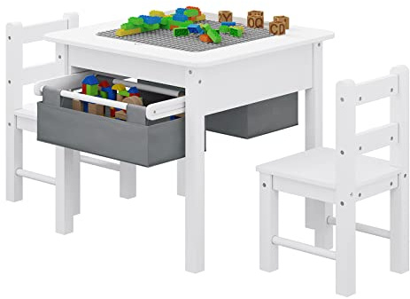 Lestarain Kindertisch mit 2 Stühlen, Kindersitzgruppe mit Stauraum, Spieltisch für große Bauklötze, multifunktionaler Aktivitätstisch für Kinder, ausziehbare Aufbewahrungsboxen, Weiß Grau