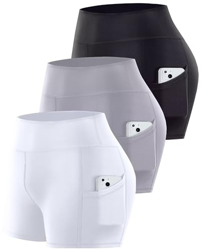 Noblarm Paquete de 3 pantalones cortos de ciclista con bolsillos para mujer, 5 pulgadas/8 pulgadas, cintura alta, control de abdomen, yoga, entrenamiento, atletismo, correr, 12,7 cm, negro/gris/blanco