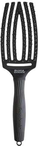 Olivia Garden Fingerbrush Care Iconic - Medium - Full Black - Detangling Hairbrush with Boar & Nylon Bristles for Ultimate Shine & Smooth Styling