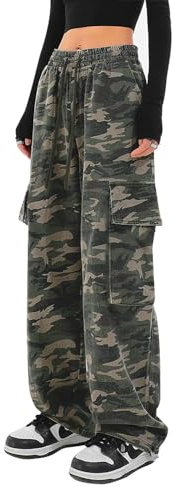 SESERAGI Cargo Pants Women Baggy Streetwear Y2K Drawstring Trousers Wide Leg Pants Camouflage XS