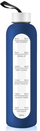 Borraccia in vetro da 1 litro con coperchio in acciaio inox, borraccia sportiva da 1000 ml, con indicatore del tempo, riutilizzabile, in silicone infrangibile, per fitness, palestra, attività