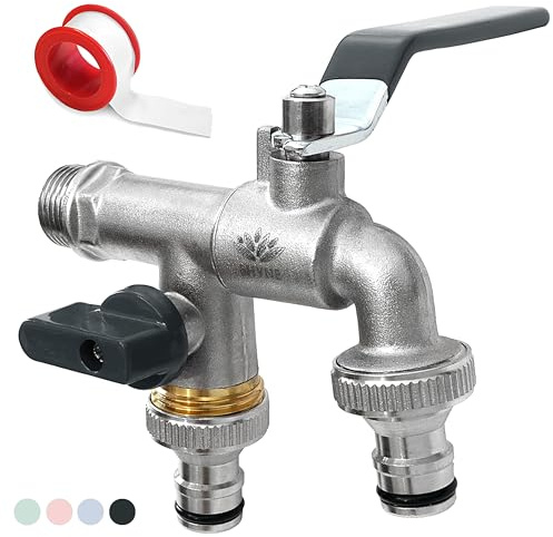 SHYNE Premium 3/4 Zoll Doppel-Wasserhahn aus Messing rost-, und frostsicher + 2X Gratis Schlauchanschlüsse + PTFE Band + Ebook | für Garten, Waschmaschine, Regentonne