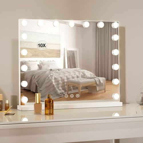 LIANWANG Schminkspiegel mit Beleuchtung, 80x60cm Spiegel mit Beleuchtung Groß mit 17 Dimmbar LED Hollywood Licht für Makeup, Spiegel mit Touch-Sensor/USB-Aufladung für Tochter/Ehefrau/Freundin
